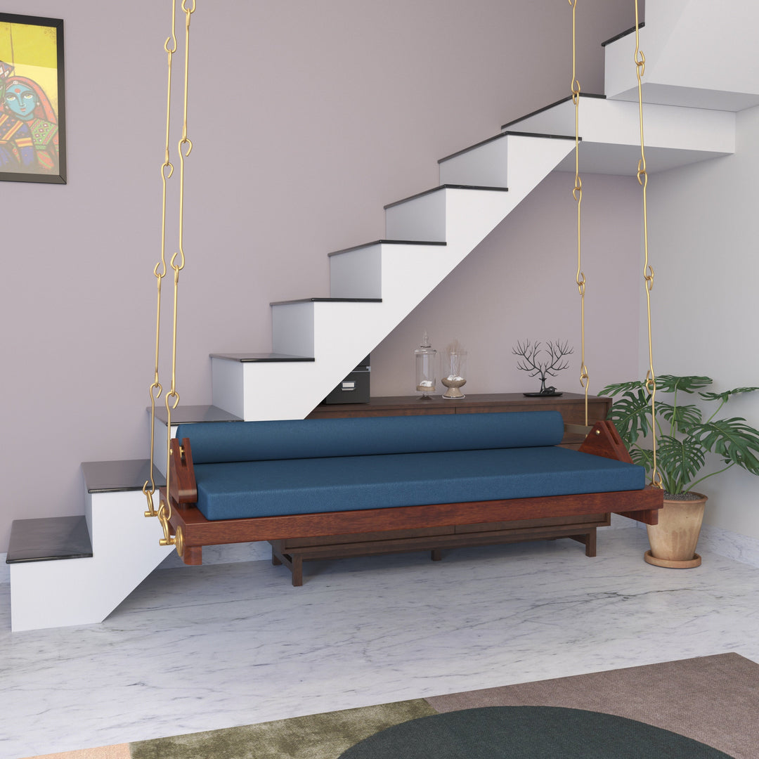 Avika Minimalist Wooden Swing with Blue Cushions – Perfect Under Stair Jhula for Modern Interiors
