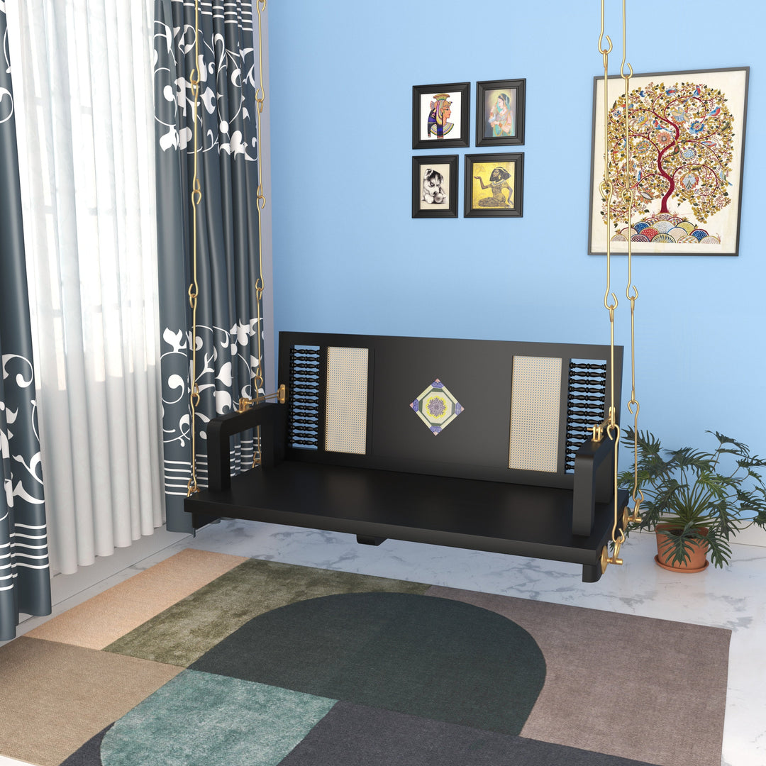 Ayana Contemporary Black Wooden Swing with Artistic Tile Inlay and Woven Panels – Indoor Jhula for Modern Homes