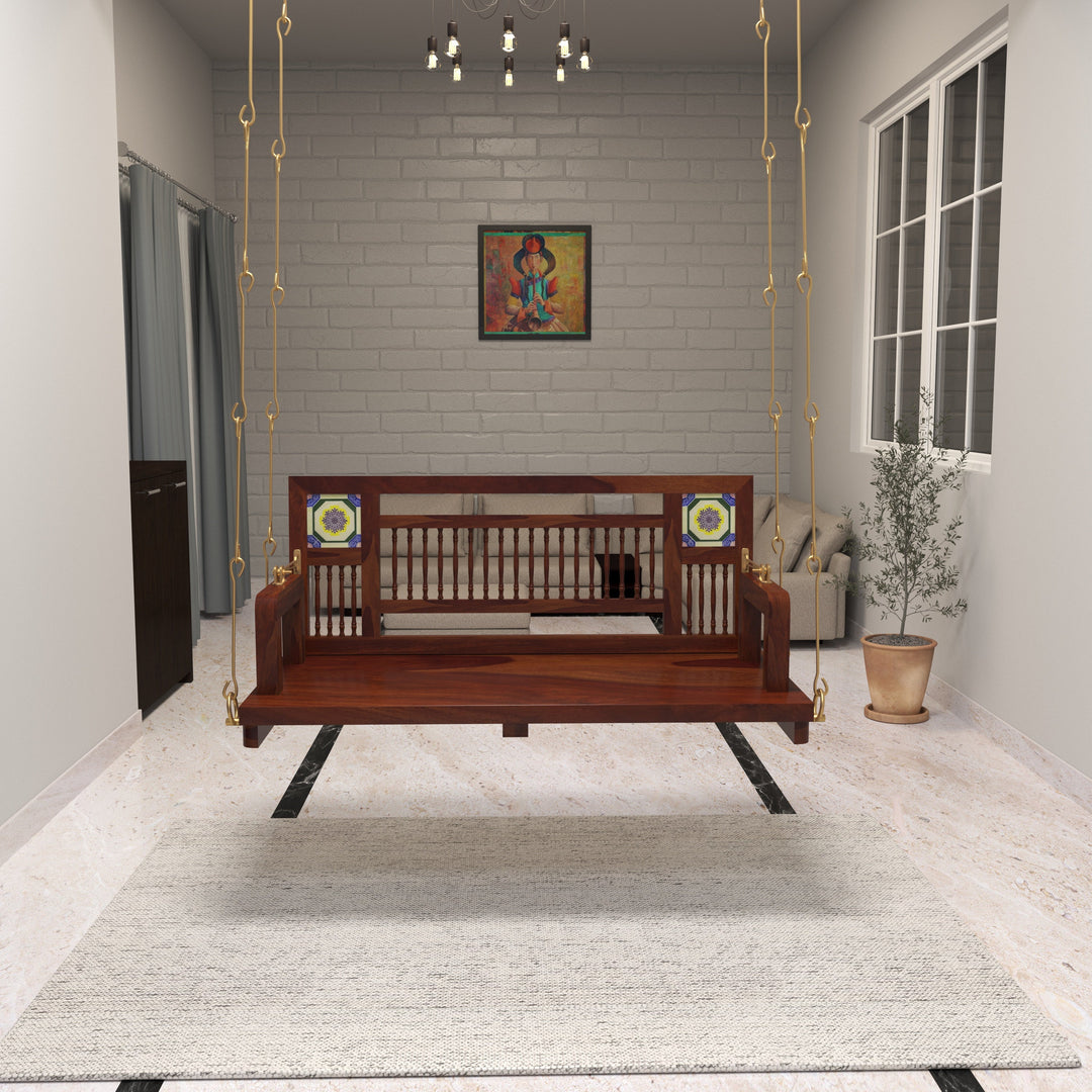 Naisha Traditional Wooden Swing with Ceramic Tile Inlays in Contemporary Living Room