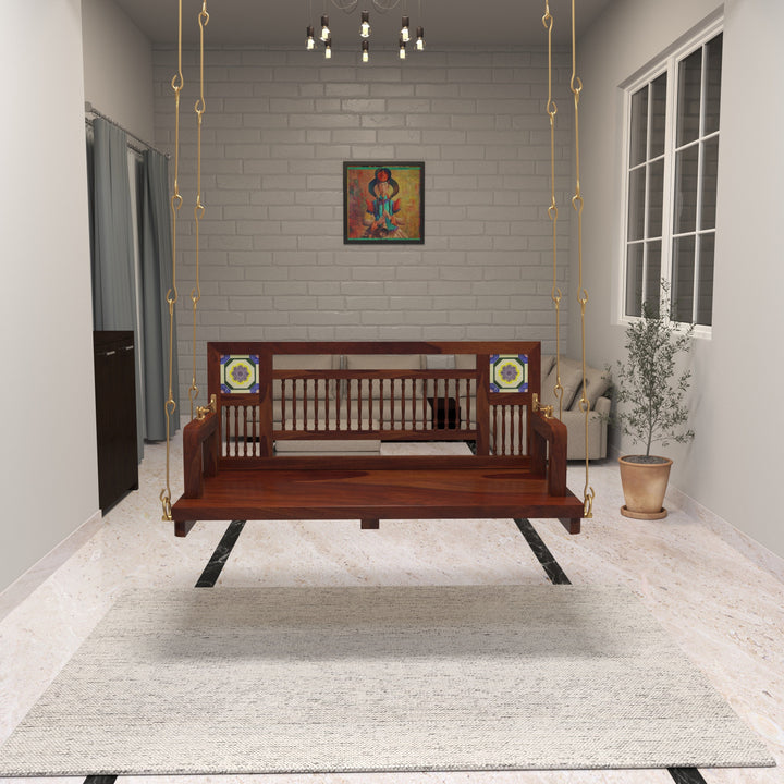 Naisha Traditional Wooden Swing with Ceramic Tile Inlays in Contemporary Living Room