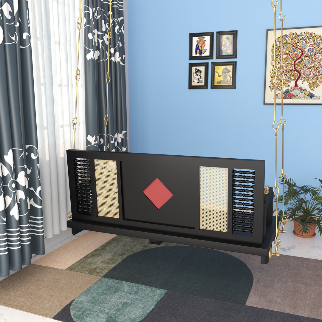 Ayana Contemporary Black Wooden Swing with Artistic Tile Inlay and Woven Panels – Indoor Jhula for Modern Homes