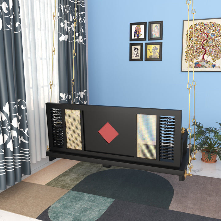 Ayana Contemporary Black Wooden Swing with Artistic Tile Inlay and Woven Panels – Indoor Jhula for Modern Homes
