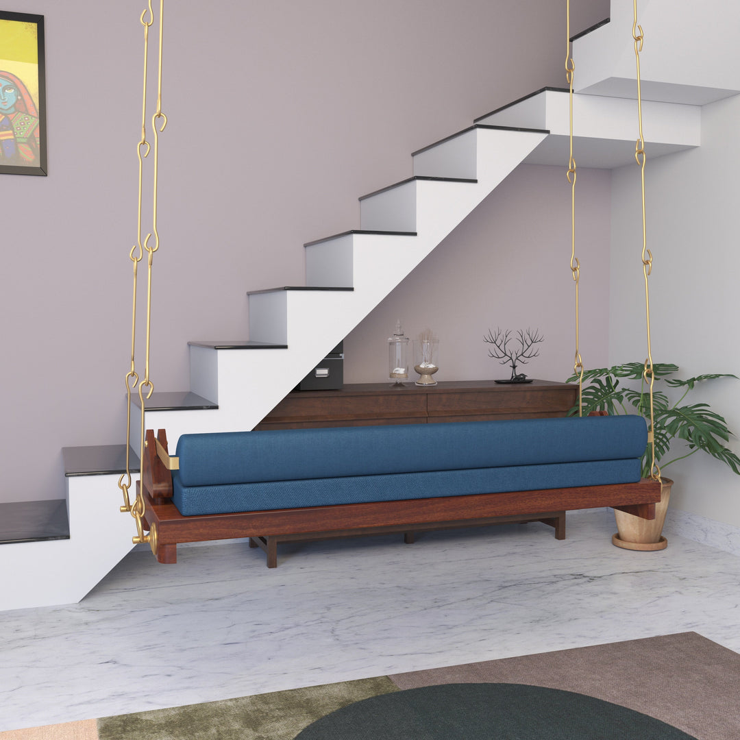 Avika Minimalist Wooden Swing with Blue Cushions – Perfect Under Stair Jhula for Modern Interiors