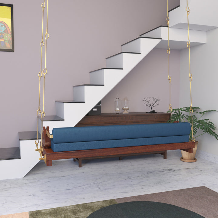Avika Minimalist Wooden Swing with Blue Cushions – Perfect Under Stair Jhula for Modern Interiors
