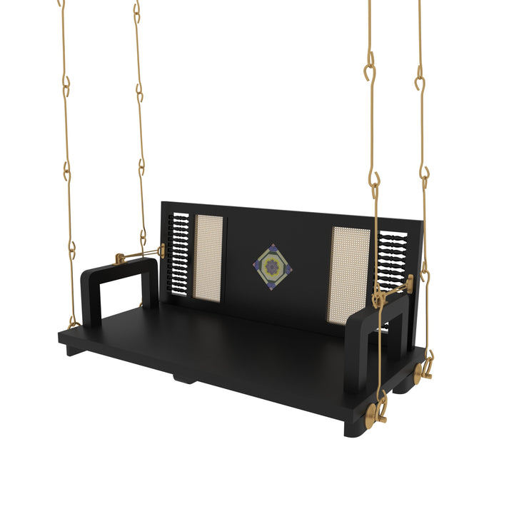 Ayana Contemporary Black Wooden Swing with Artistic Tile Inlay and Woven Panels – Indoor Jhula for Modern Homes