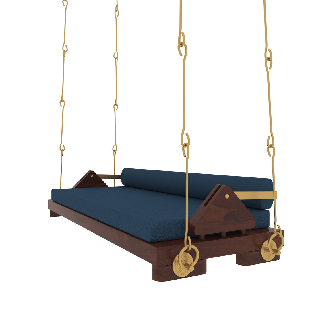 Avika Minimalist Wooden Swing with Blue Cushions – Perfect Under Stair Jhula for Modern Interiors