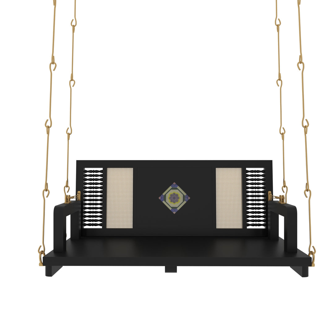 Ayana Contemporary Black Wooden Swing with Artistic Tile Inlay and Woven Panels – Indoor Jhula for Modern Homes