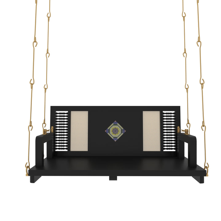 Ayana Contemporary Black Wooden Swing with Artistic Tile Inlay and Woven Panels – Indoor Jhula for Modern Homes