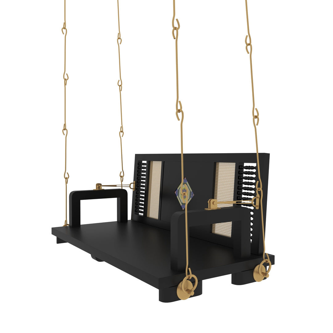 Ayana Contemporary Black Wooden Swing with Artistic Tile Inlay and Woven Panels – Indoor Jhula for Modern Homes