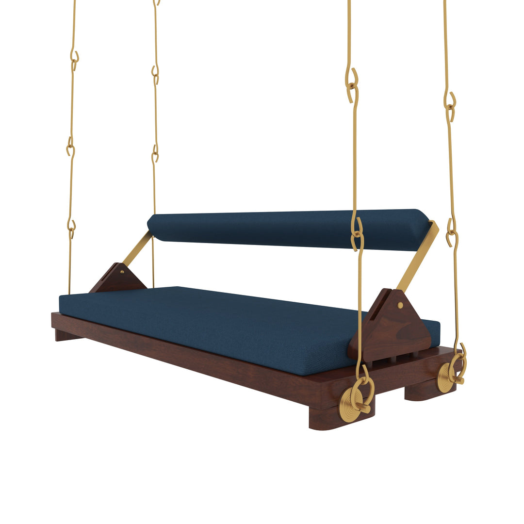 Avika Minimalist Wooden Swing with Blue Cushions – Perfect Under Stair Jhula for Modern Interiors