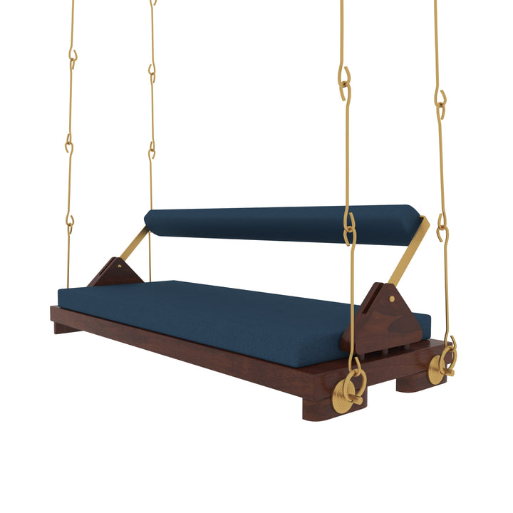 Avika Minimalist Wooden Swing with Blue Cushions – Perfect Under Stair Jhula for Modern Interiors