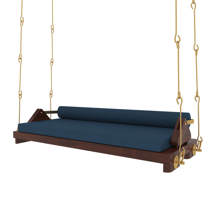 Avika Minimalist Wooden Swing with Blue Cushions – Perfect Under Stair Jhula for Modern Interiors
