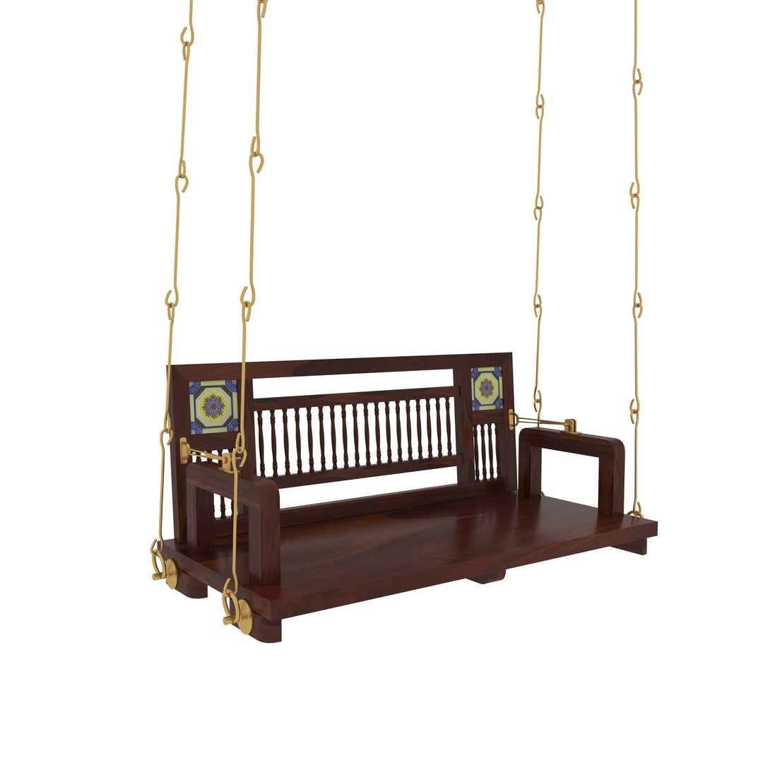 Naisha Traditional Wooden Swing with Ceramic Tile Inlays in Contemporary Living Room