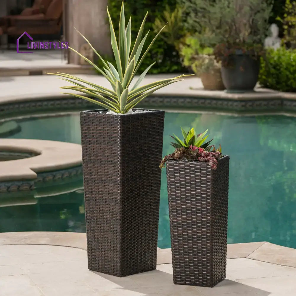 Ruben Outdoor Wicker Planters For Garden Balcony (Dark Brown) set of 2 - Planter