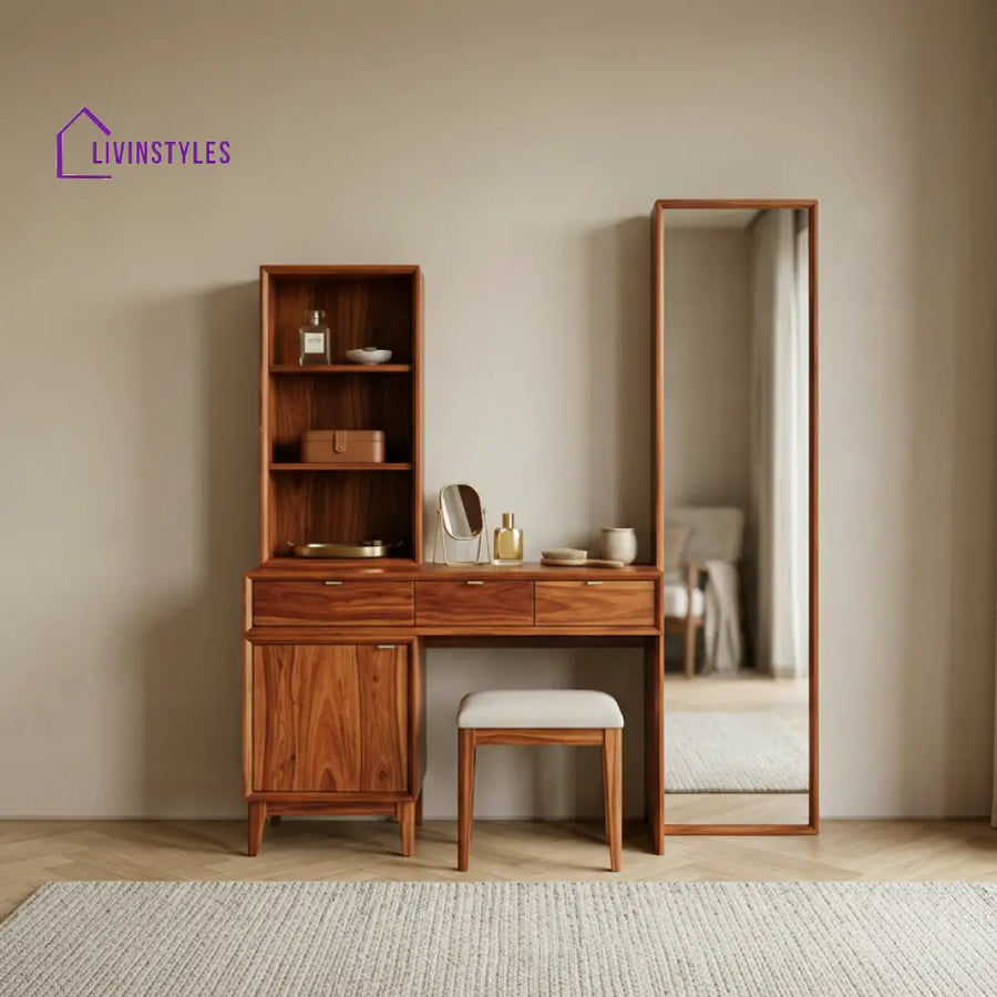 Ruby Sheesham Wood Dressing Table with Mirror and Storage (Honey Finish)