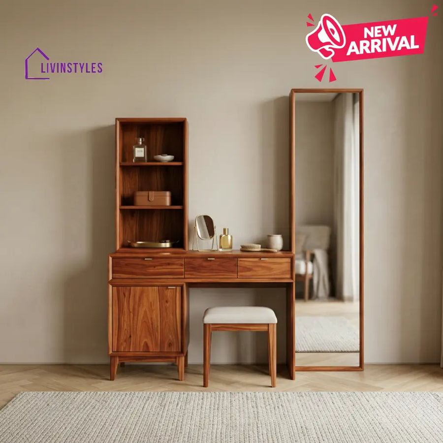 Ruby Sheesham Wood Dressing Table with Mirror and Storage (Honey Finish)