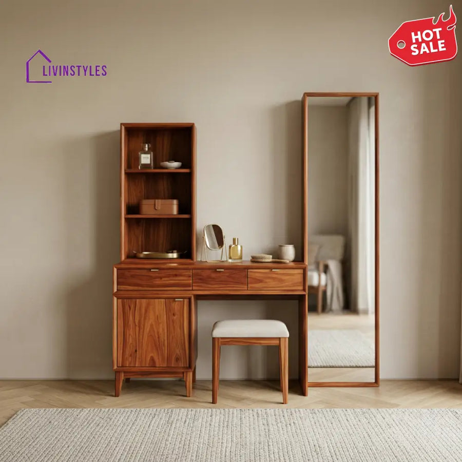Ruby Sheesham Wood Dressing Table with Mirror and Storage (Honey Finish)