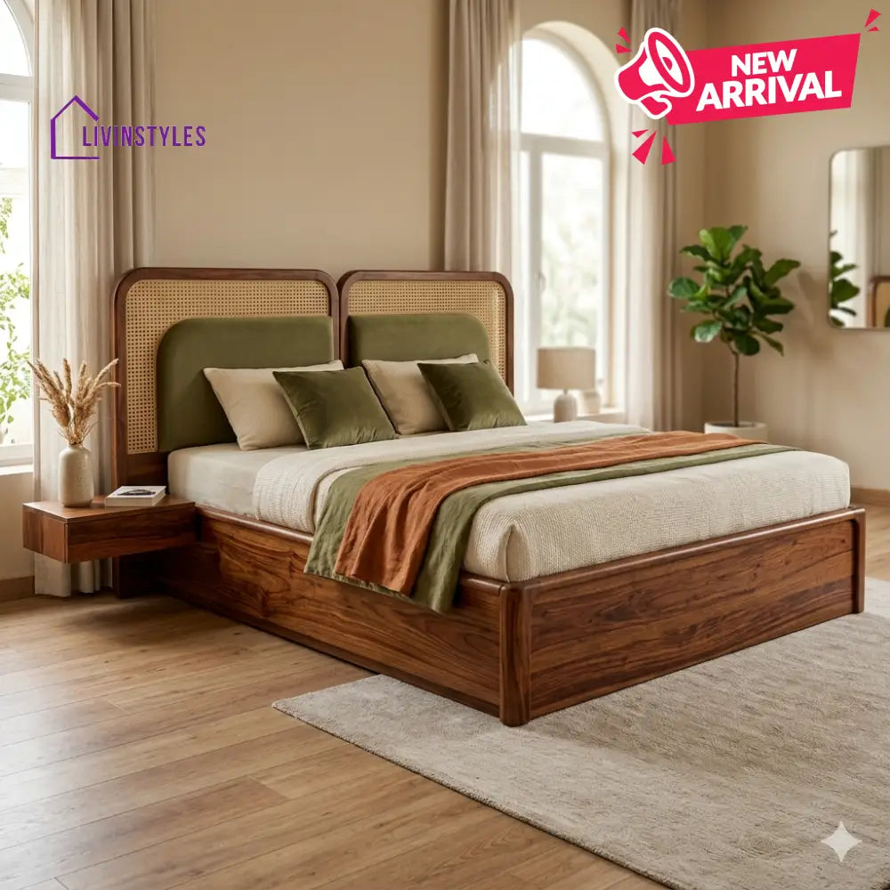 Ruchi Premium Sheesham Wood Bed with Velvet Headboard