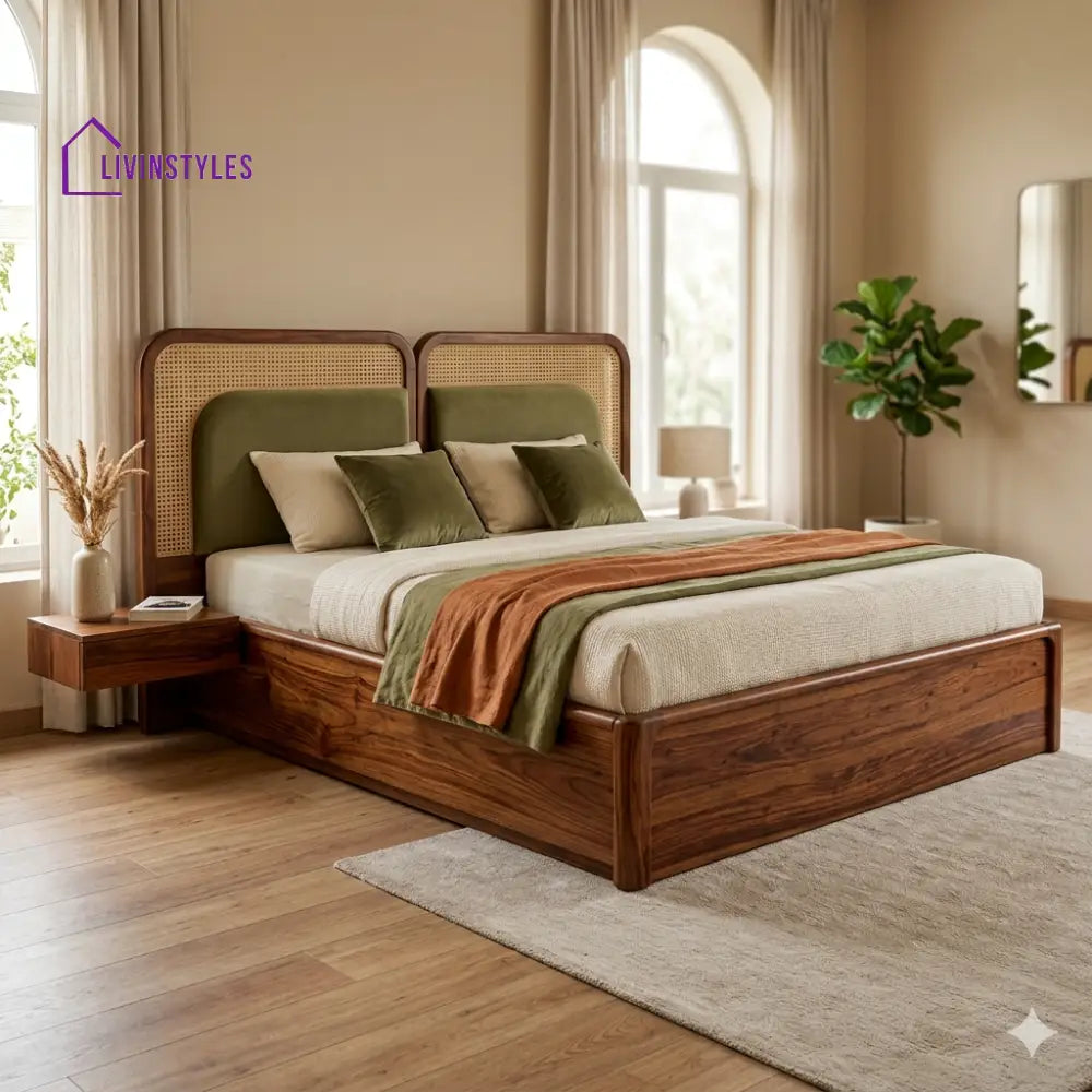 Ruchi Premium Sheesham Wood Bed with Velvet Headboard