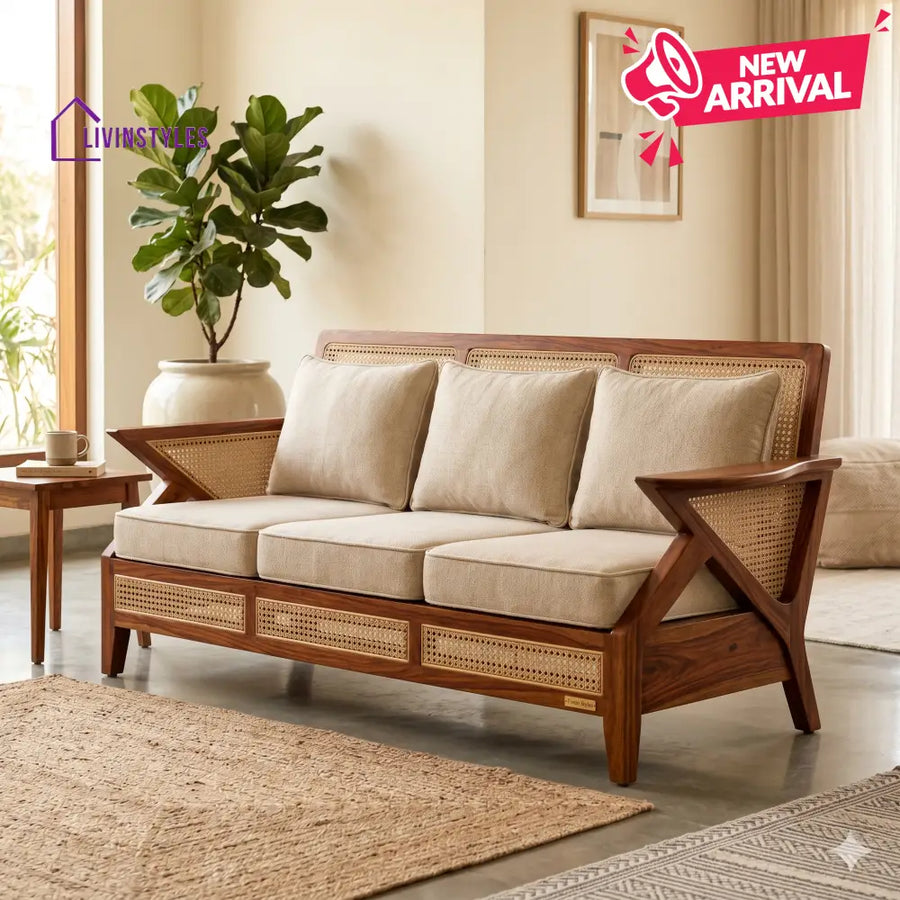 Rudra Sheesham Wood and Cane Sofa for Living Room