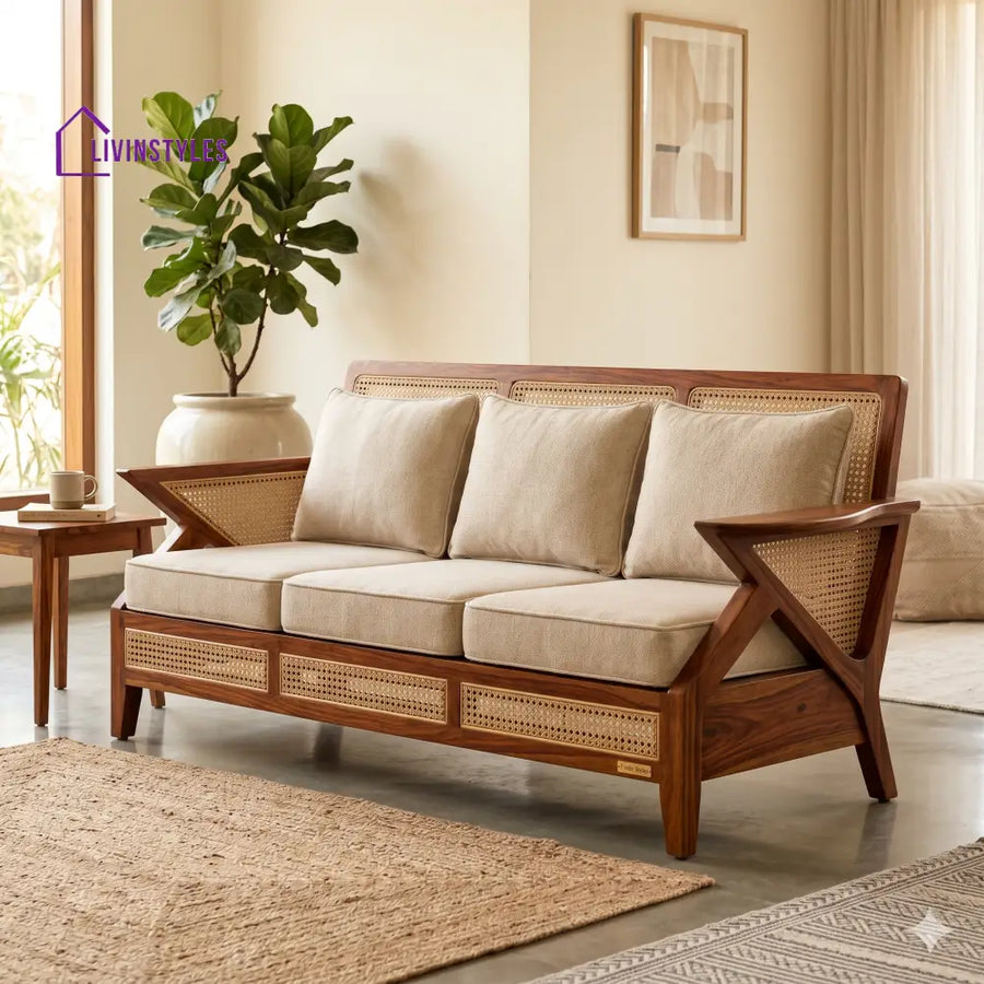 Rudra Sheesham Wood and Cane Sofa for Living Room