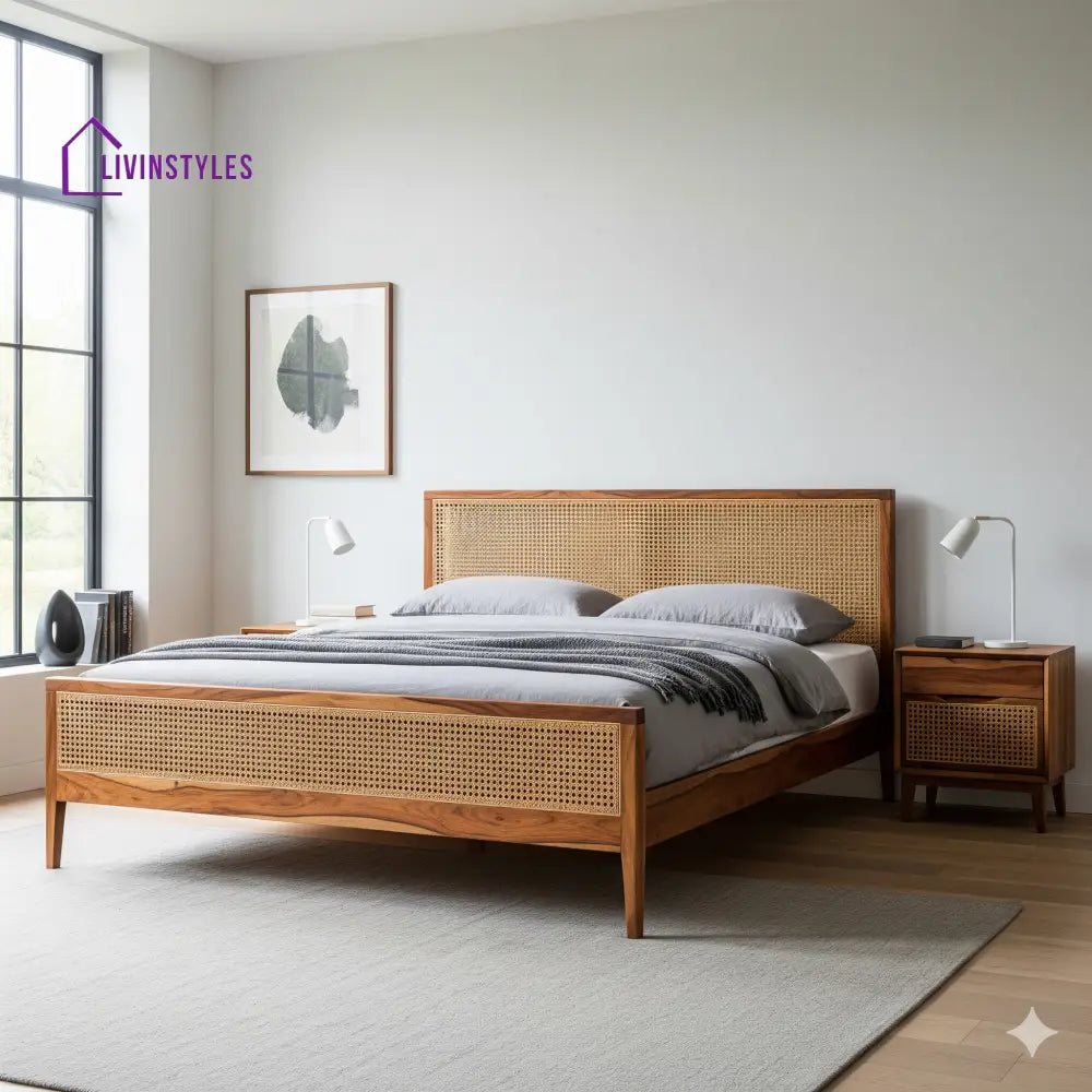 Rudra Sheesham Wood & Cane Bed – Honey Finish