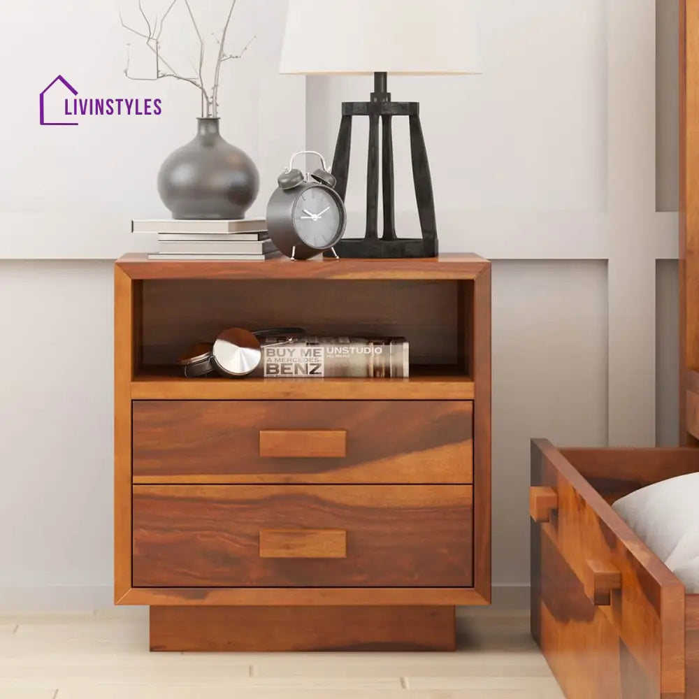 Rustic Solid Wood Nightstand with Two Drawers Honey Finish