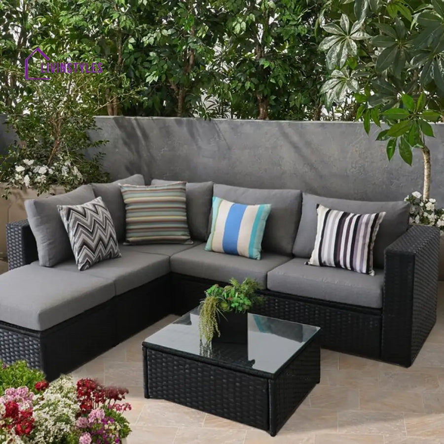 Rufino Outdoor Patio Sofa Set 5 Seater 1 Center Table (Black) - Sofa Sets