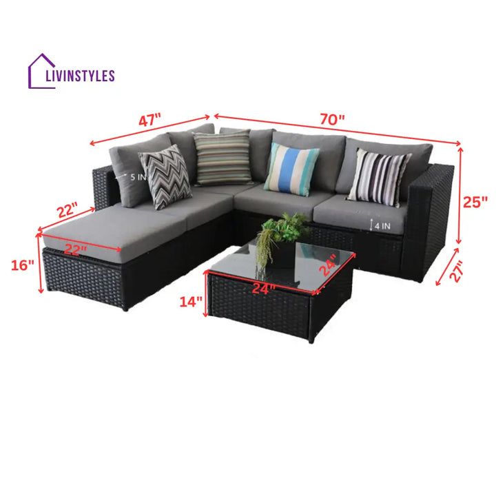 Rufino Outdoor Patio Sofa Set 5 Seater 1 Center Table (Black) - Sofa Sets