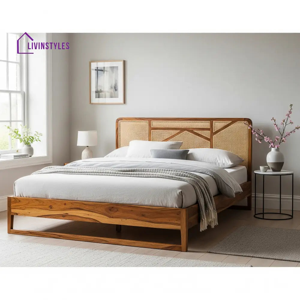 Rusalan Sheesham Wood & Cane Bed – Honey Finish