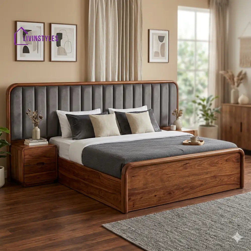 Ruslan Premium Sheesham Wood Bed with Velvet Headboard