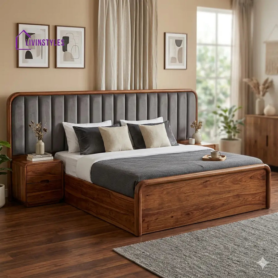 Ruslan Premium Sheesham Wood Bed with Velvet Headboard