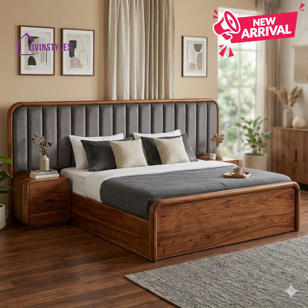 Ruslan Premium Sheesham Wood Bed with Velvet Headboard