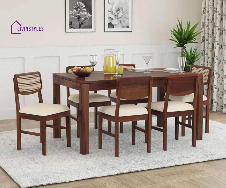 Ruslan Solid Wood Sheesham 6 Seater Dining Table Set with Cushion (Brown Finish) | Cane Weaving Chairs