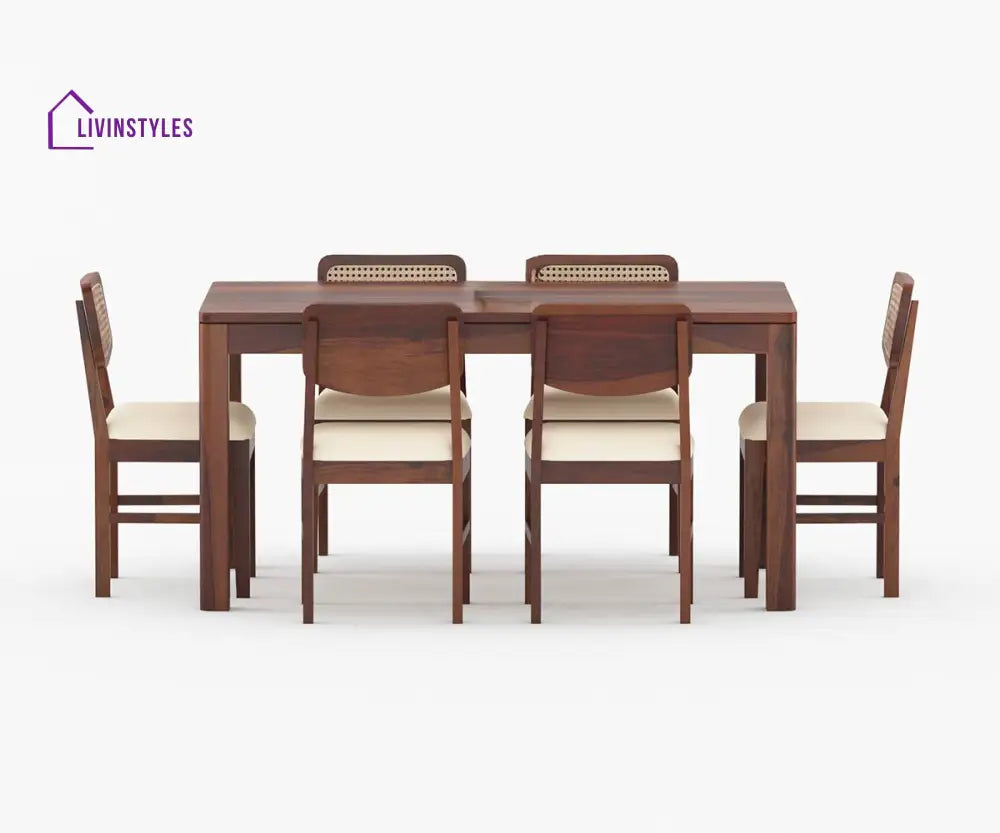 Ruslan Solid Wood Sheesham 6 Seater Dining Table Set with Cushion (Brown Finish) | Cane Weaving Chairs