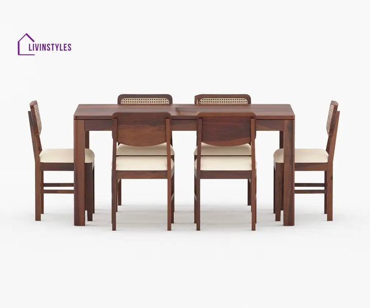 Ruslan Solid Wood Sheesham 6 Seater Dining Table Set with Cushion (Brown Finish) | Cane Weaving Chairs