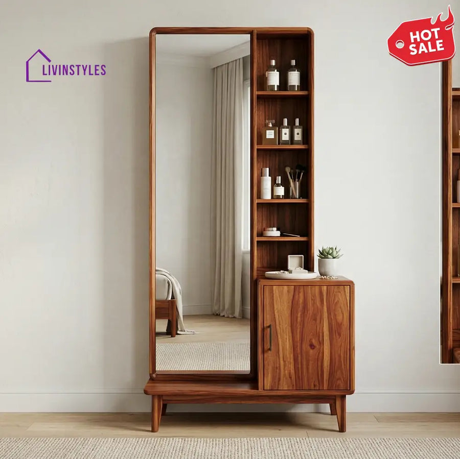 Ryan Sheesham Wood Dressing Table with Mirror and Storage (Honey Finish)