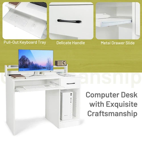 22" Wide Computer Desk Writing Study Laptop Table w/Drawer & Keyboard Trayy White
