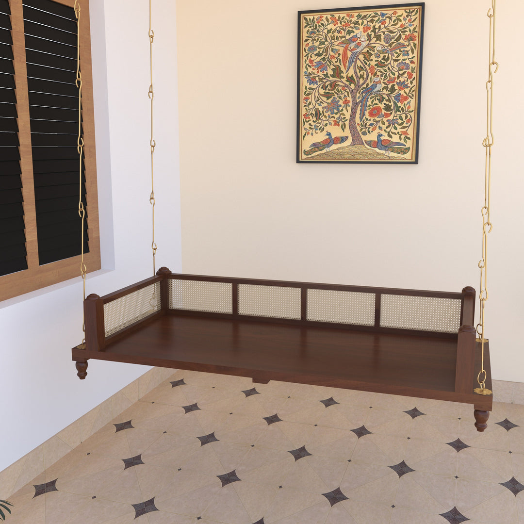 Charvi Elegant Wooden Swing for Home Interiors – Traditional Design with Cane Backrest
