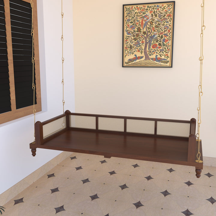Charvi Elegant Wooden Swing for Home Interiors – Traditional Design with Cane Backrest