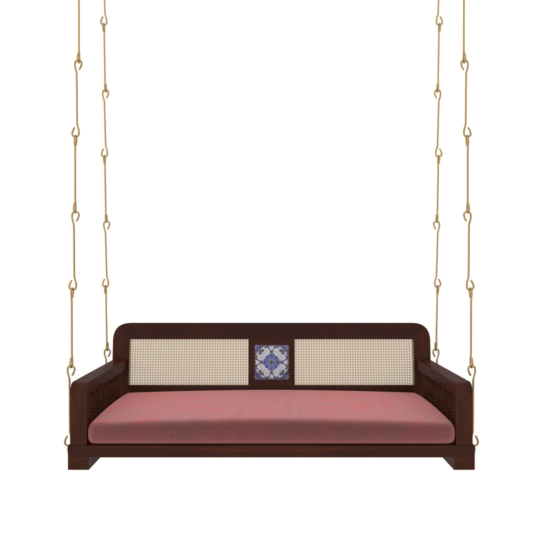 Ayla Classic Wooden Swing with Cane Backrest and Cushioned Seating – Indoor Jhula for Home