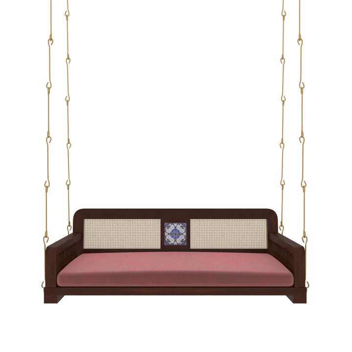 Ayla Classic Wooden Swing with Cane Backrest and Cushioned Seating – Indoor Jhula for Home