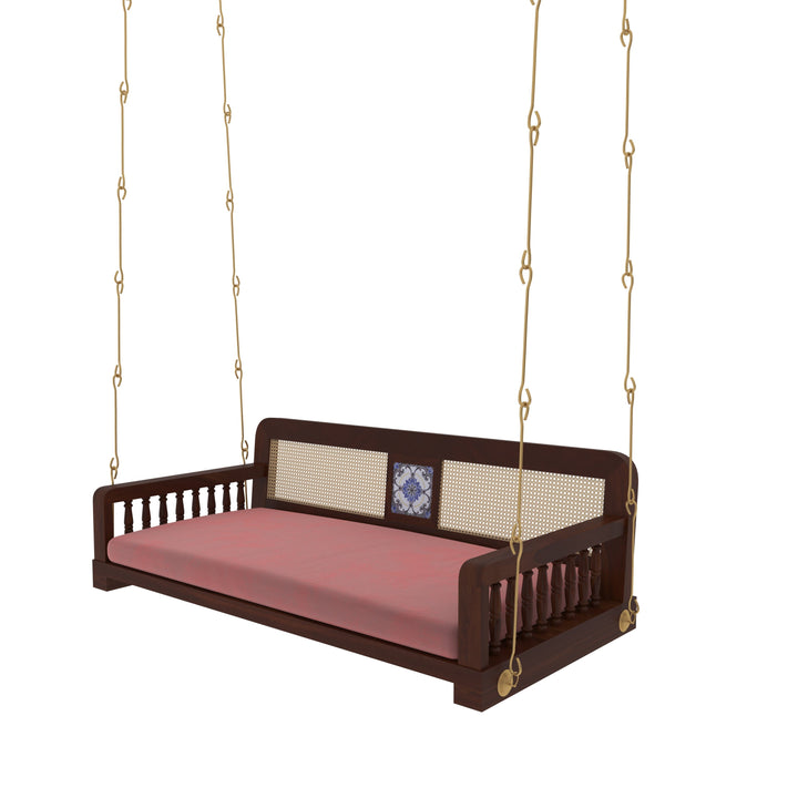 Ayla Classic Wooden Swing with Cane Backrest and Cushioned Seating – Indoor Jhula for Home