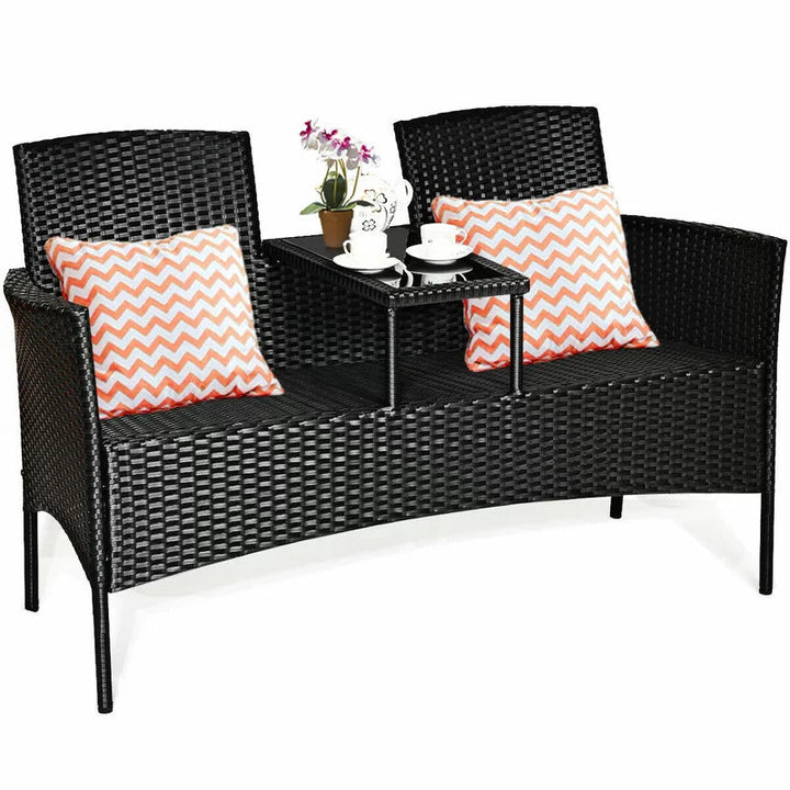 Dreamline Outdoor Furniture Garden Patio Seating Set of 2 Attached Chairs and Table Set Balcony Furniture Coffee Table Set(Black)