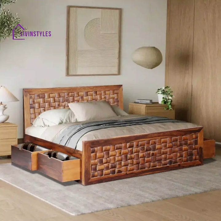 Niware Solid Wood Sheesham Storage Beds with Drawers Queen / Natural Bedroom Furniture Sets