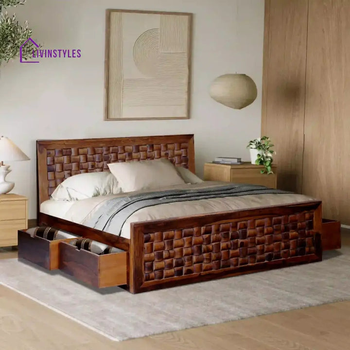 Niware Solid Wood Sheesham Storage Beds with Drawers Queen / Teak Bedroom Furniture Sets