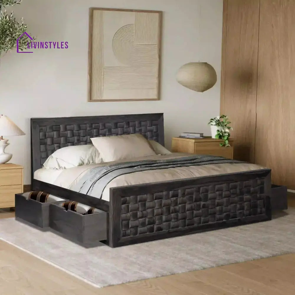 Niware Solid Wood Sheesham Storage Beds with Drawers Queen / Walnut Bedroom Furniture Sets