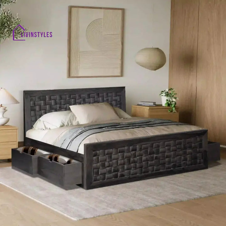Niware Solid Wood Sheesham Storage Beds with Drawers Queen / Walnut Bedroom Furniture Sets
