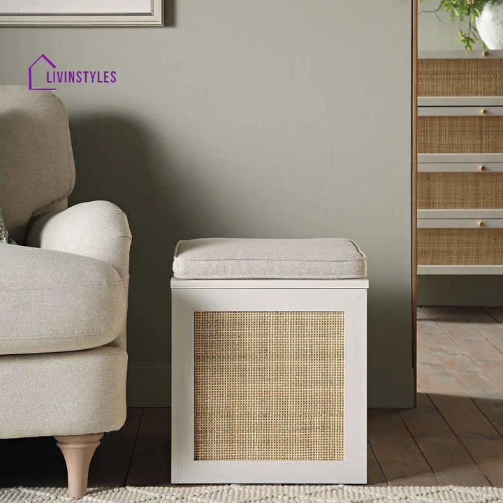 Frances Woven Rattan Single Storage Stool with Cushion White Cabinets & Chests