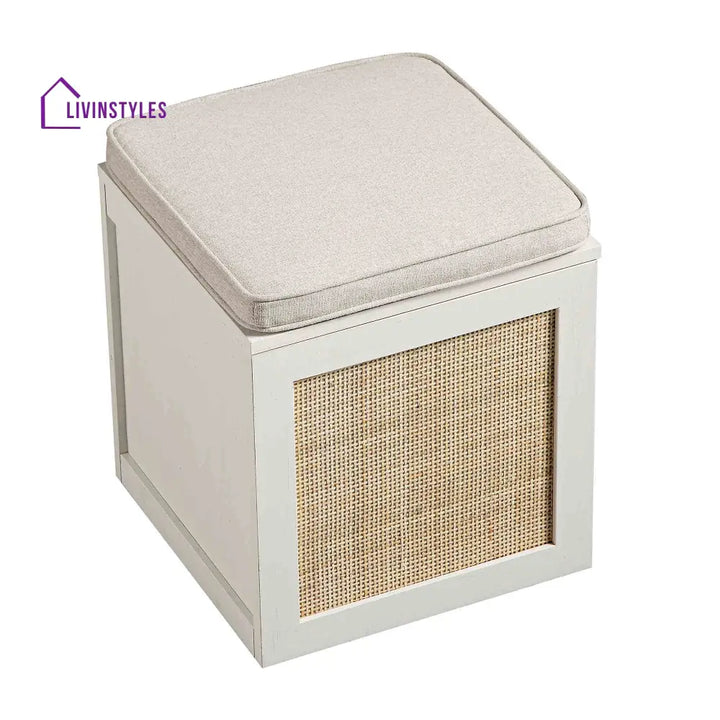 Frances Woven Rattan Single Storage Stool with Cushion White Cabinets & Chests